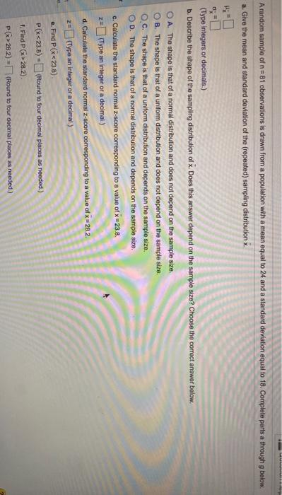 Solved A random sample of n=81 observations is drawn from a | Chegg.com