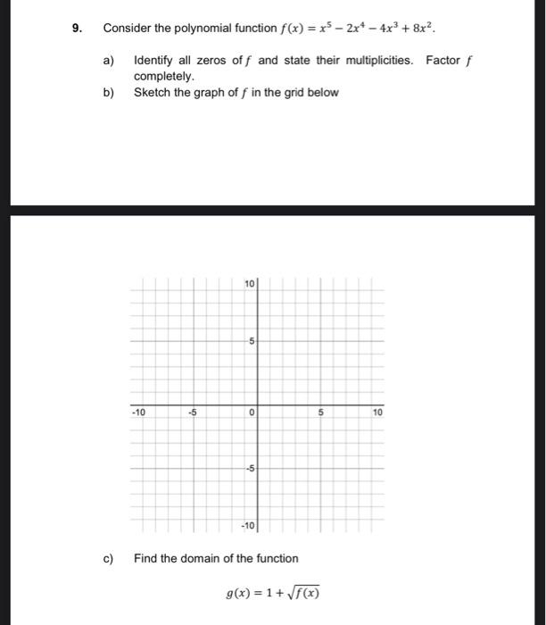 9. Consider the polynomial function \( f(x)=x^{5}-2 x^{4}-4 x^{3}+8 x^{2} \).
a) Identify all zeros of \( f \) and state thei