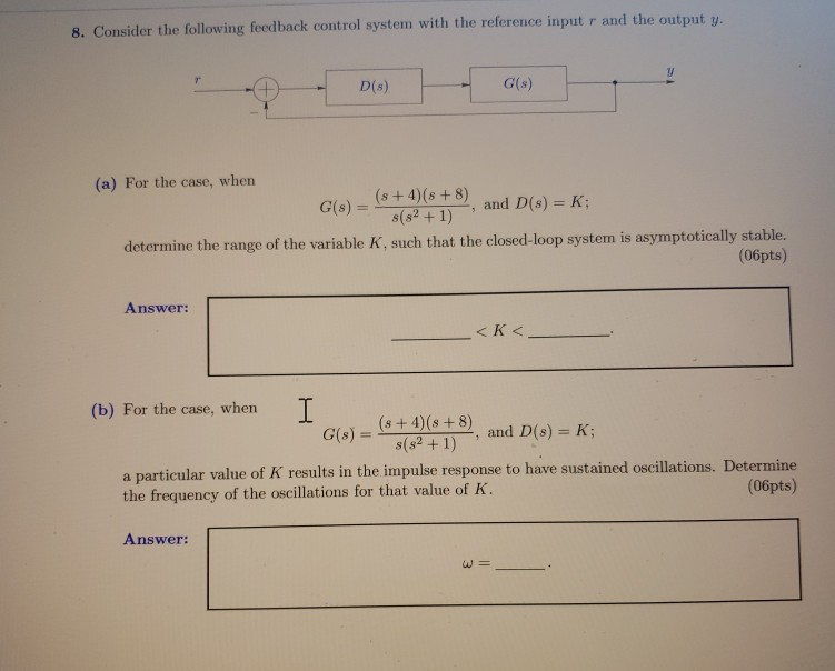 Solved 8. Consider the following feedback control system | Chegg.com