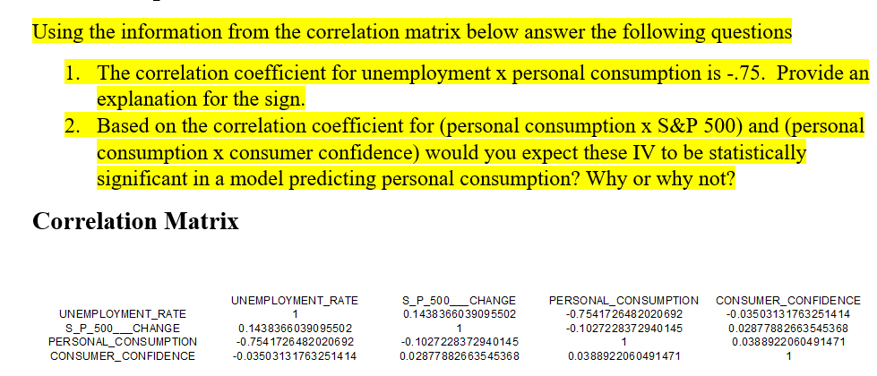 Solved Using the information from the correlation matrix | Chegg.com