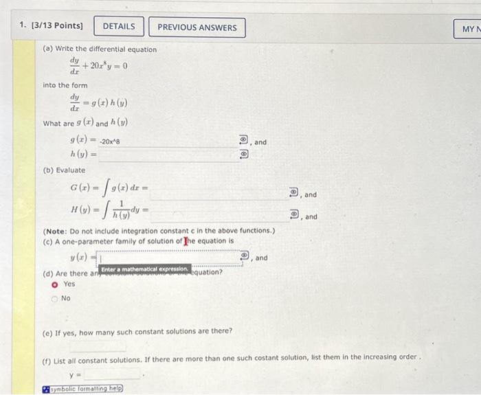 Solved 1. [3/13 Points] DETAILS (a) Write the differential | Chegg.com