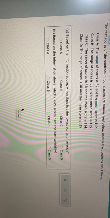 Solved The test scores of the students in four classes are | Chegg.com