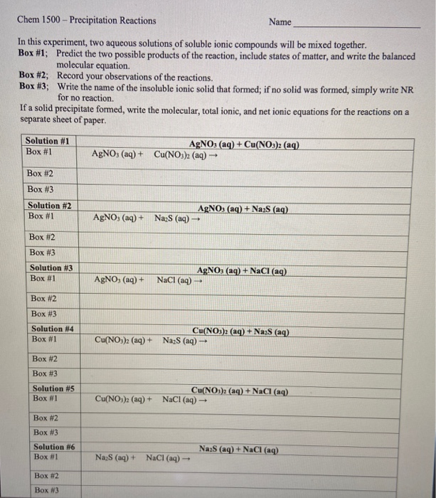 Solved Chem 1500 - Precipitation Reactions Name In this | Chegg.com