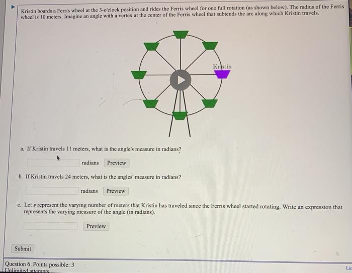 Solved Kristin Boards A Ferris Wheel At The 3 O Clock Chegg Com
