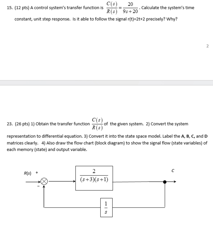 Solved (12 pts) ﻿A control system's transfer function | Chegg.com