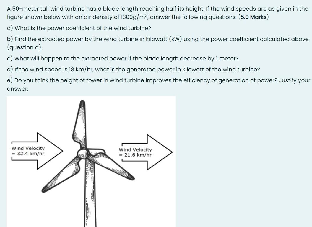 Solved A 50-meter tall wind turbine has a blade length | Chegg.com