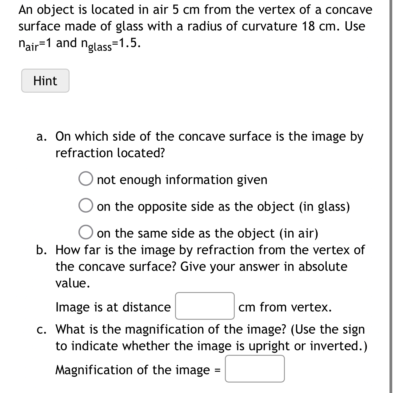 Solved An object is located in air 5cm ﻿from the vertex of a | Chegg.com