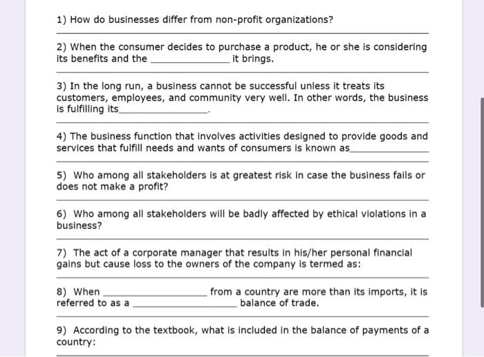 Solved 1) How do businesses differ from non-profit | Chegg.com