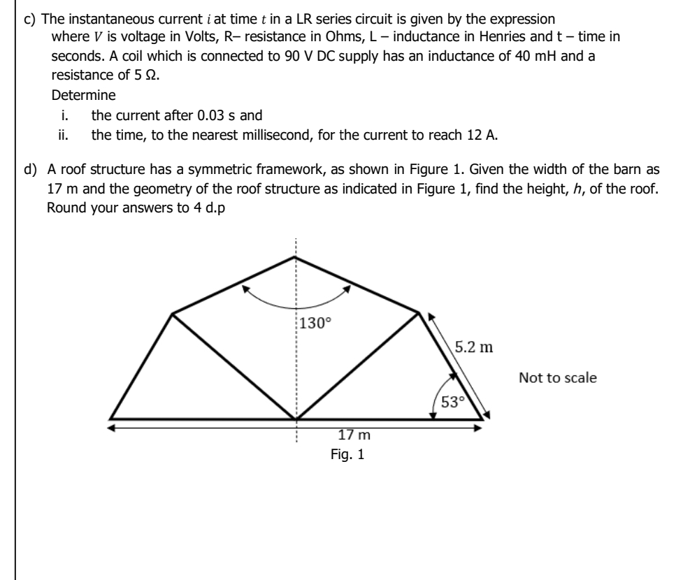 Solved c) ﻿The instantaneous current i ﻿at time t ﻿in a LR | Chegg.com
