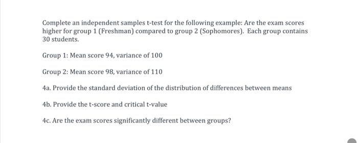 Solved Complete An Independent Samples T-test For The | Chegg.com