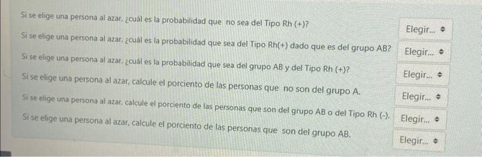 Si se elige una persona al azar, ¿cuál es la probabilidad que no sea del Tipo \( R h(+) \) ? Si se elige una persona a azar,