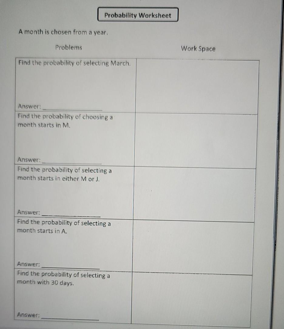 Probability Worksheet A month is chosen from a year.  Chegg.com With Regard To Probability Worksheet With Answers