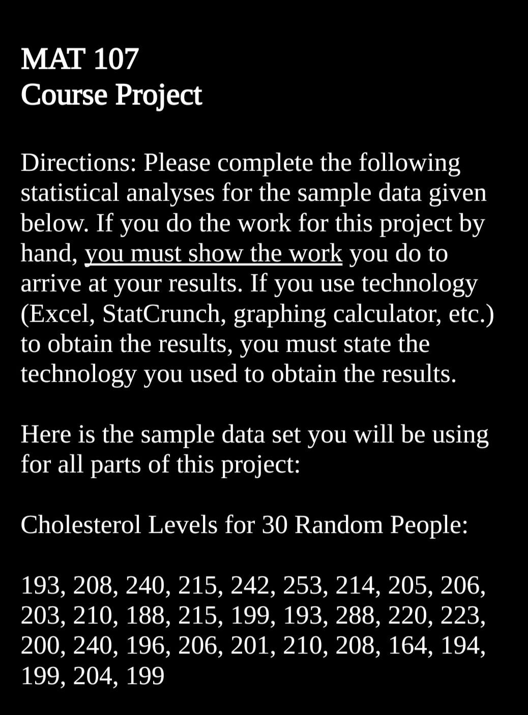 Solved MAT 107 Course Project Directions: Please complete | Chegg.com