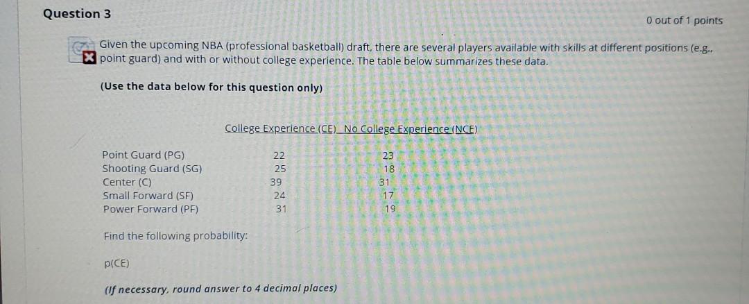 Solved Question 3 O out of 1 points Given the upcoming NBA | Chegg.com