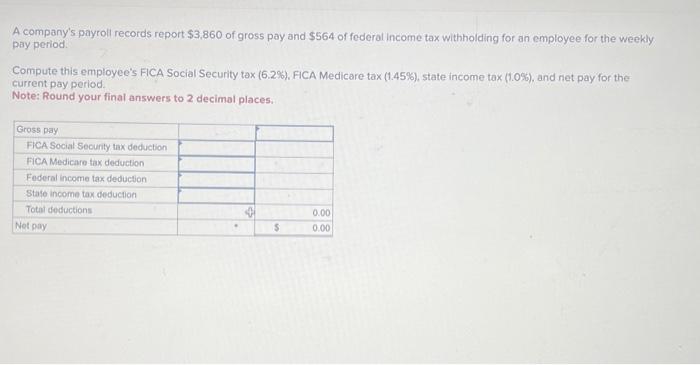 Solved A company&rsquo;s payroll records report $3,860 of gross | Chegg.com