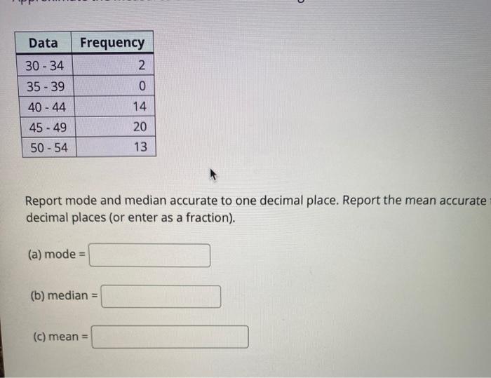 Solved Data Frequency ON 30-34 35-39 40-44 45 - 49 50-54 14 | Chegg.com