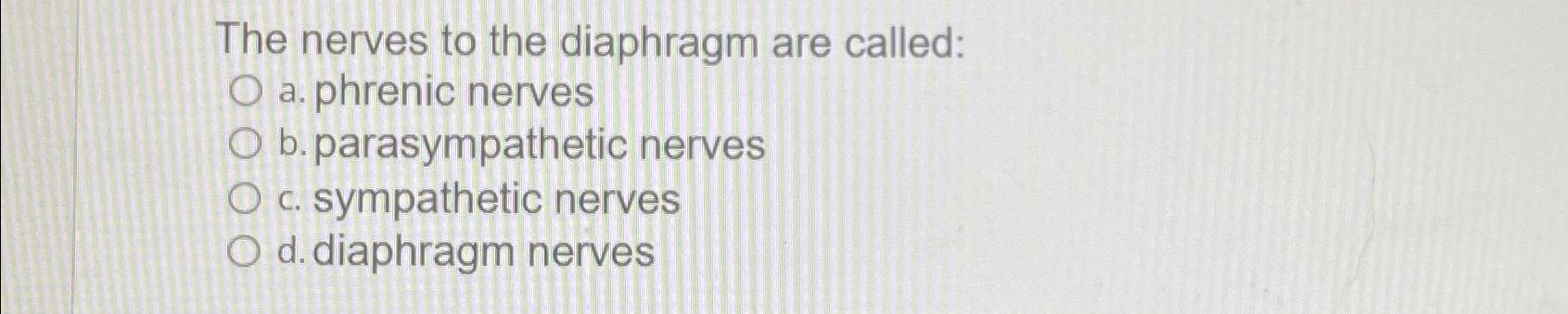 Solved The Nerves To The Diaphragm Are Called:a. ﻿phrenic 