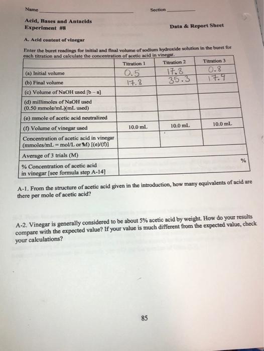 Solved Name Section Acid, Bases and Antacids Experiment 8