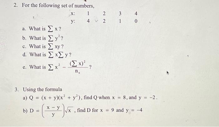 Solved 2. For the following set of numbers, a. What is ∑x ? | Chegg.com