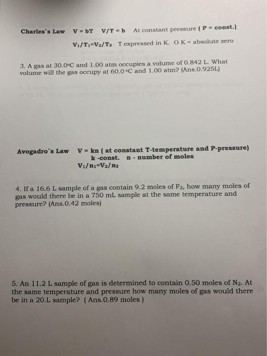 Solved Charles S Law V Bt V T At Constant Pressure P Chegg Com