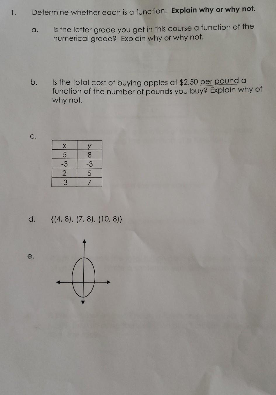 Solved 1. Determine whether each is a function. Explain why | Chegg.com