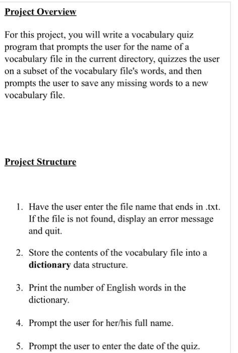 Solved Project Objectives • Use a dictionary to store data | Chegg.com