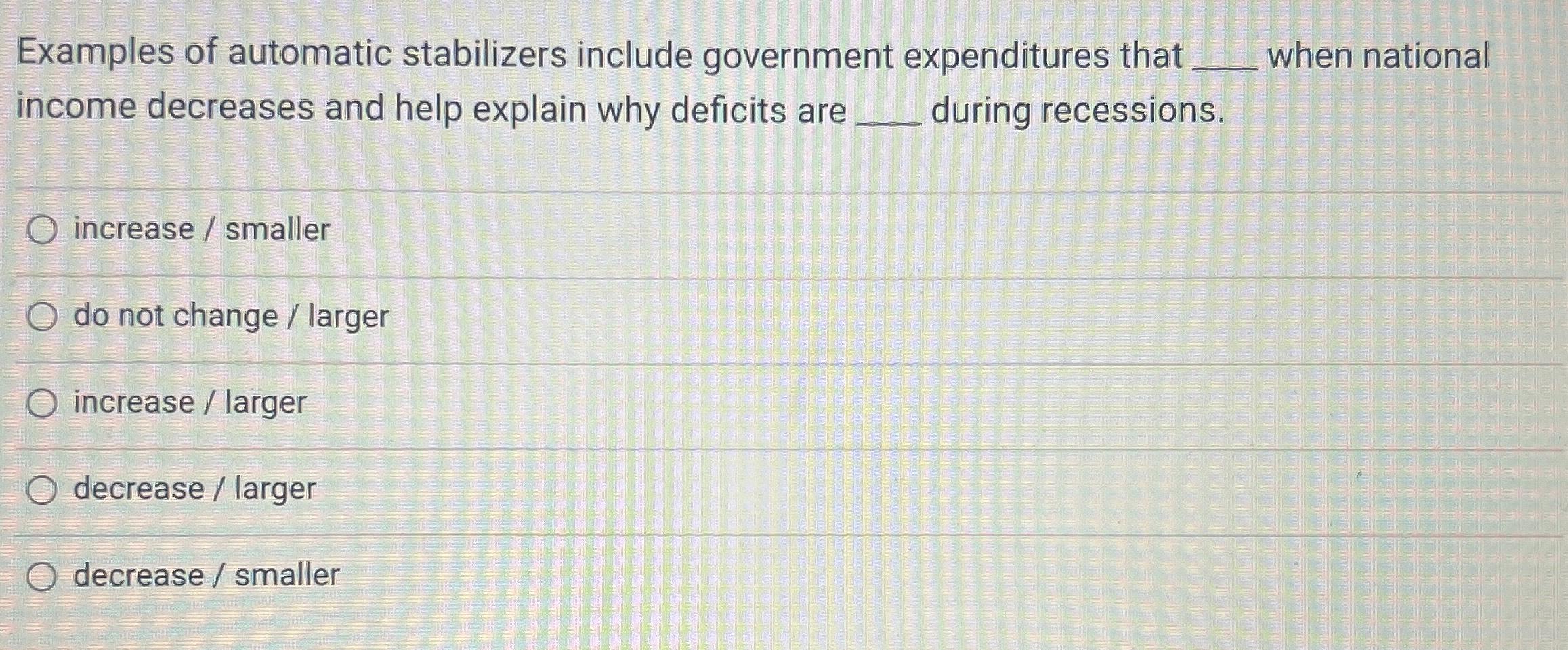 Solved Examples of automatic stabilizers include government | Chegg.com