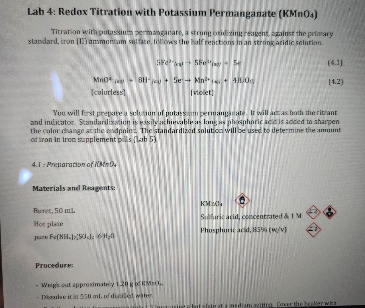 Solved Lab 4 Redox Titration with Potassium Permanganate