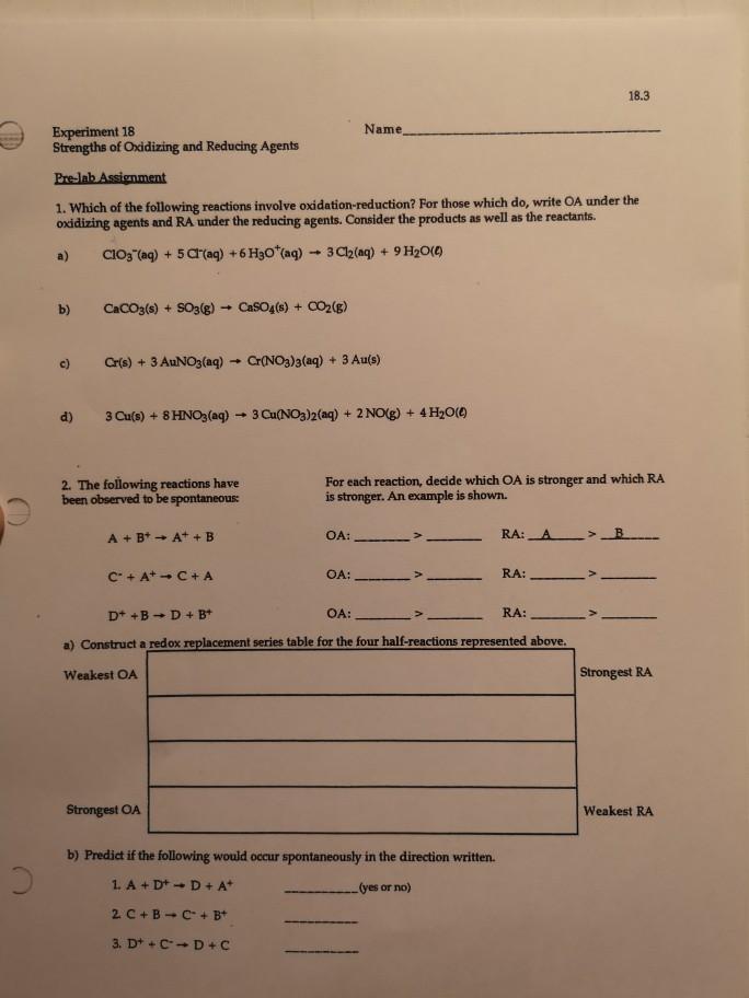 experiment 18 strengths of oxidizing and reducing agents