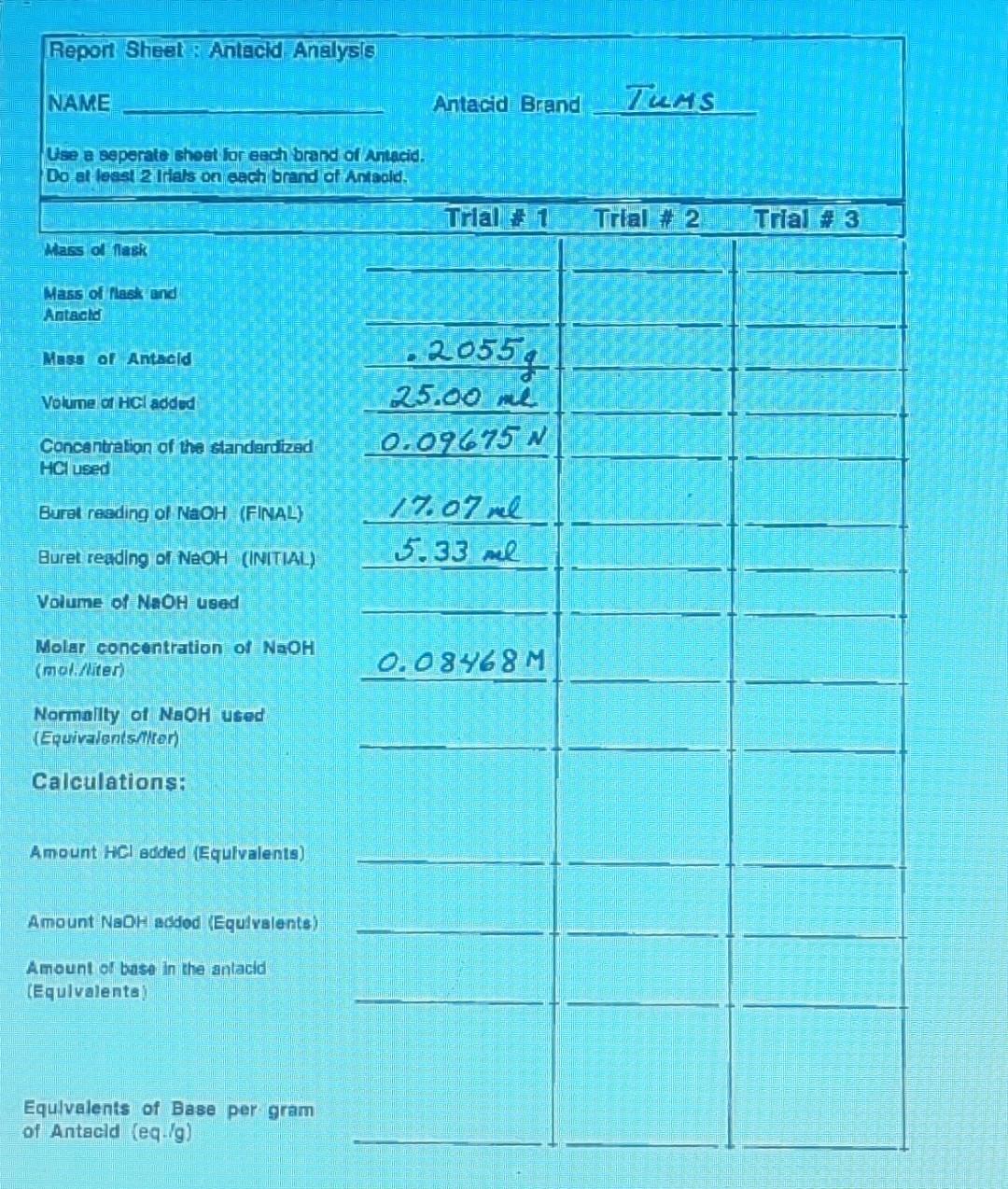 Report Sheet: Antacid Analysis Nan Antacid Brand Use Chegg com Report Sheet: Antacid Analysis Nan Antacid Brand Use Chegg com