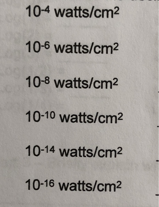 Solved 10 4 Watts cm2 10 6 Watts cm2 10 8 Watts cm2 10 10 Chegg solved-10-4-watts-cm2-10-6-watts-cm2-10-8-watts-cm2-10-10-chegg