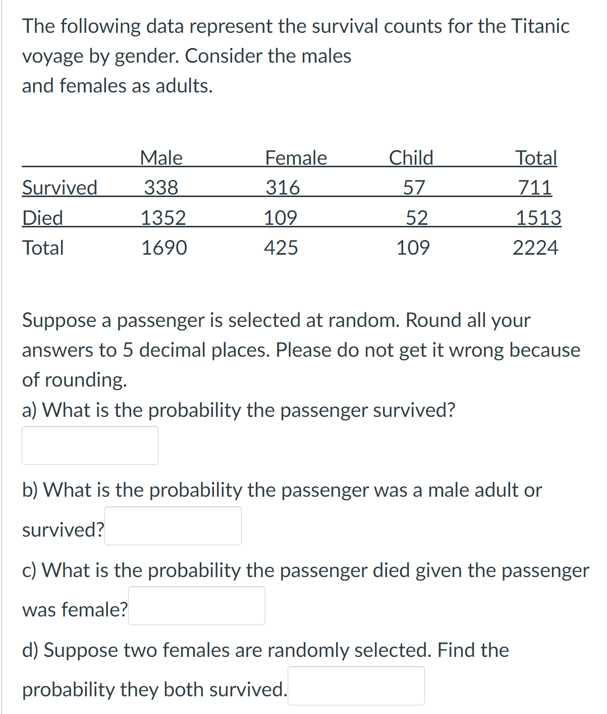 Solved The Following Data Represent The Survival Counts For | Chegg.com