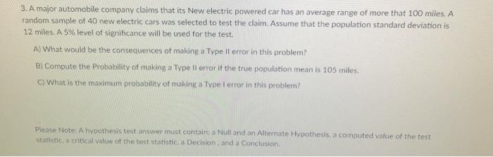 Solved 3. A major automobile company claims that its New | Chegg.com