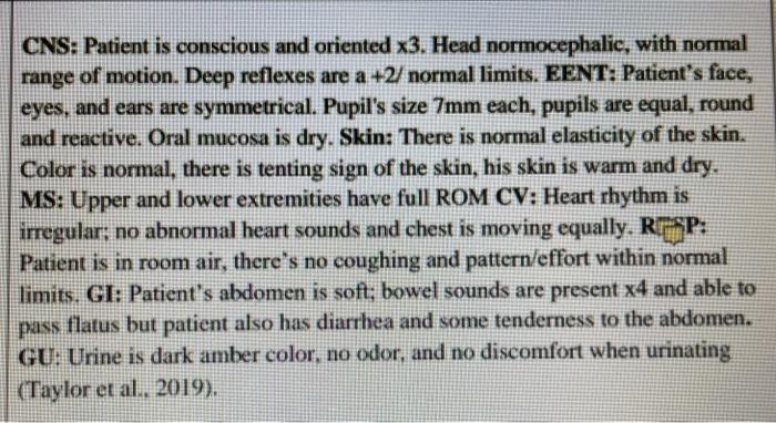 CNS: Patient is conscious and oriented x3. Head normocephalic, with normal range of motion. Deep reflexes are a +2/ normal li