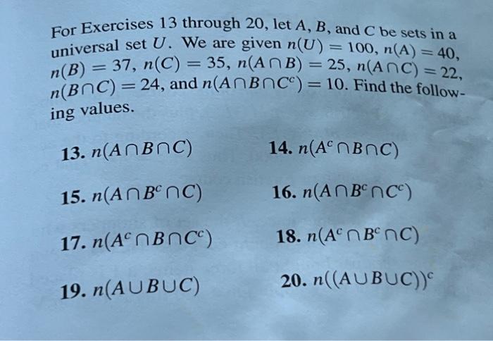 Solved For Exercises 13 Through 20, Let A, B, And C Be Sets | Chegg.com