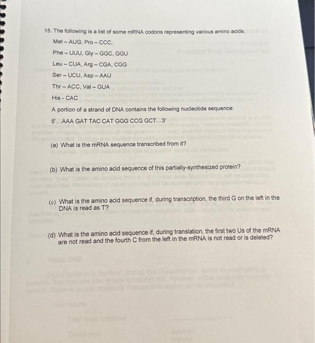Solved 15. The following is a list of some mRNA codons | Chegg.com