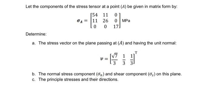 Solved Let the components of the stress tensor at a point | Chegg.com