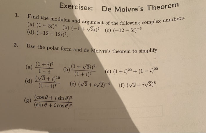 Solved E Moivres Theorem Exercises De Moivres 1 Find The 8013