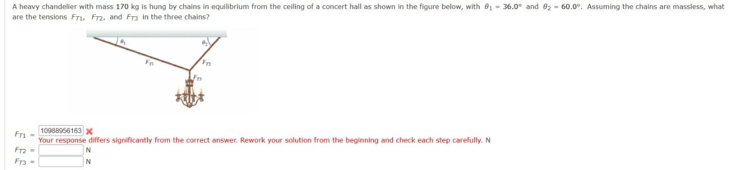 Solved A heavy chandelier with mass 170 kg is hung by chains | Chegg.com