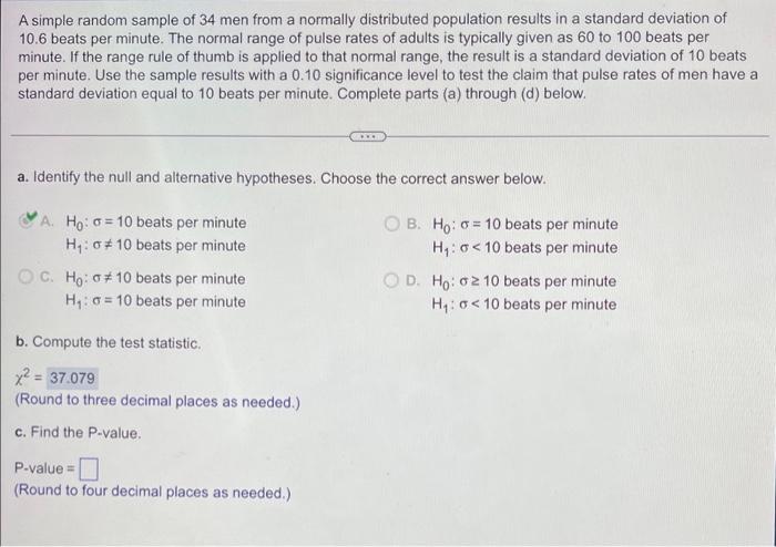 Solved A simple random sample of 34 men from a normally | Chegg.com