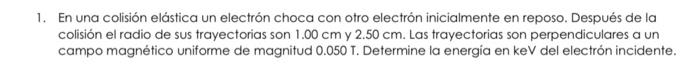 1. En una colisión elástica un electrón choca con otro electrón inicialmente en reposo. Después de la colisión el radio de su