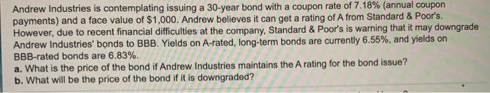 Solved Andrew Industries Is Contemplating Issuing A 30-year | Chegg.com