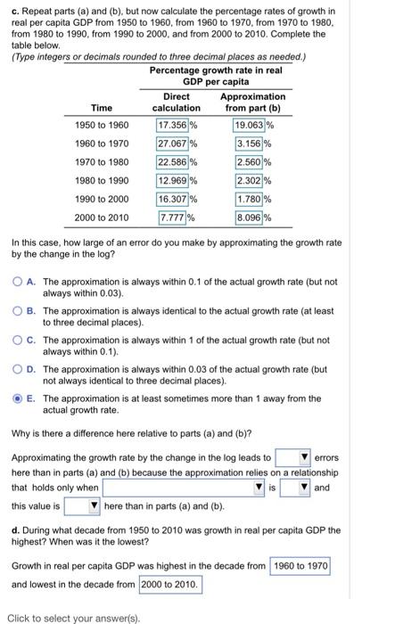 Solved Year 1950 1960 1970 1980 1990 Per capita real GDP | Chegg.com
