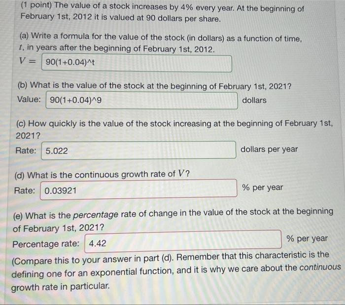 Solved (1 Point) The Value Of A Stock Increases By 4% Every | Chegg.com