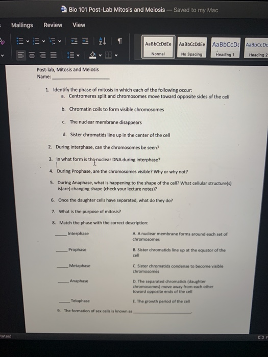 Solved Bio 101 PostLab Mitosis and Meiosis Saved to my