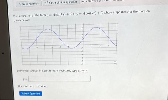 Find a function of the form \( y=A \sin (k x)+C \) or \( y=A \cos (k x)+C \) whose graph matches the function shown below:
Le