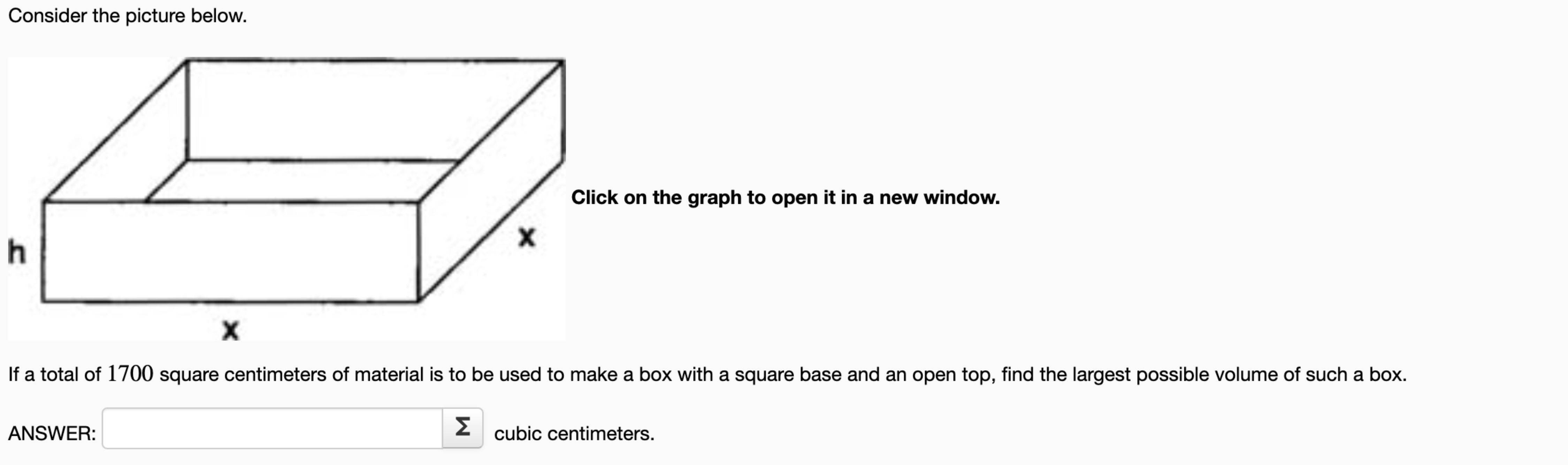 optimization: find largest volume of a box given... Solved Consider the picture below.lick on the graph to open | Chegg.com