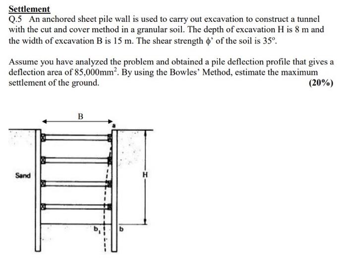 Settlement
Q.5 An anchored sheet pile wall is used to carry out excavation to construct a tunnel with the cut and cover metho