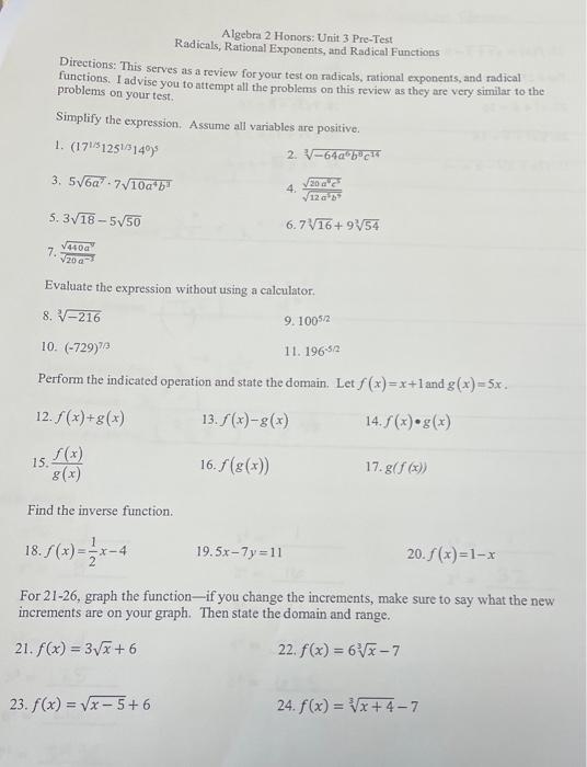 Solved Algebra 2 Honors: Unit 3 Pre-Test Radicals, Rational | Chegg.com