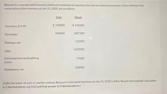 Solved Blossom Co. uses the retail inventory method to | Chegg.com
